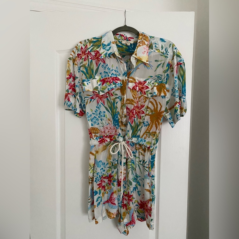 Elan White Floral Button-Front Romper with Tropical Print